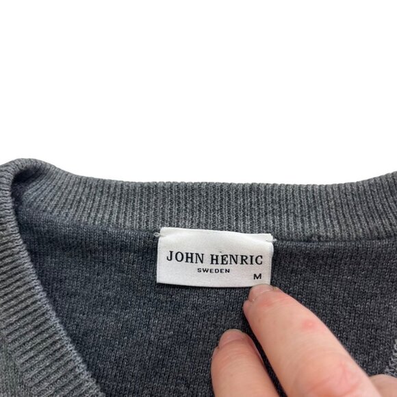 John Henric men's sweater M gray cotton v neck long sleeve pullover elbow patch - Picture 2 of 8